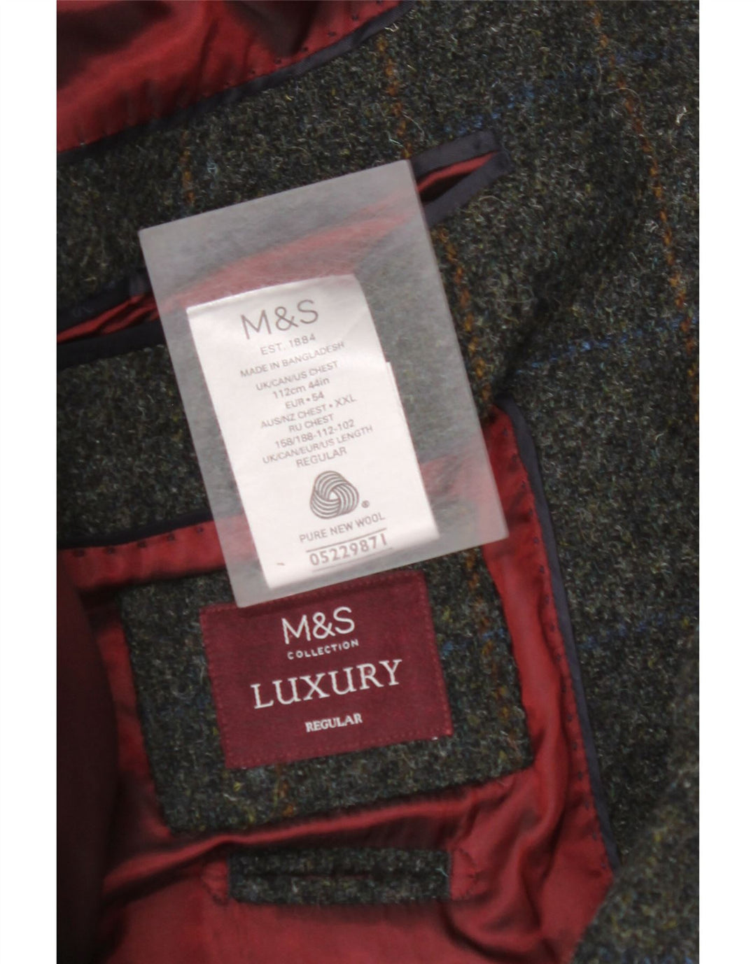 MARKS & SPENCER Giacca blazer da uomo a 2 bottoni EU 54 2XL Lana nuova a quadri verdi