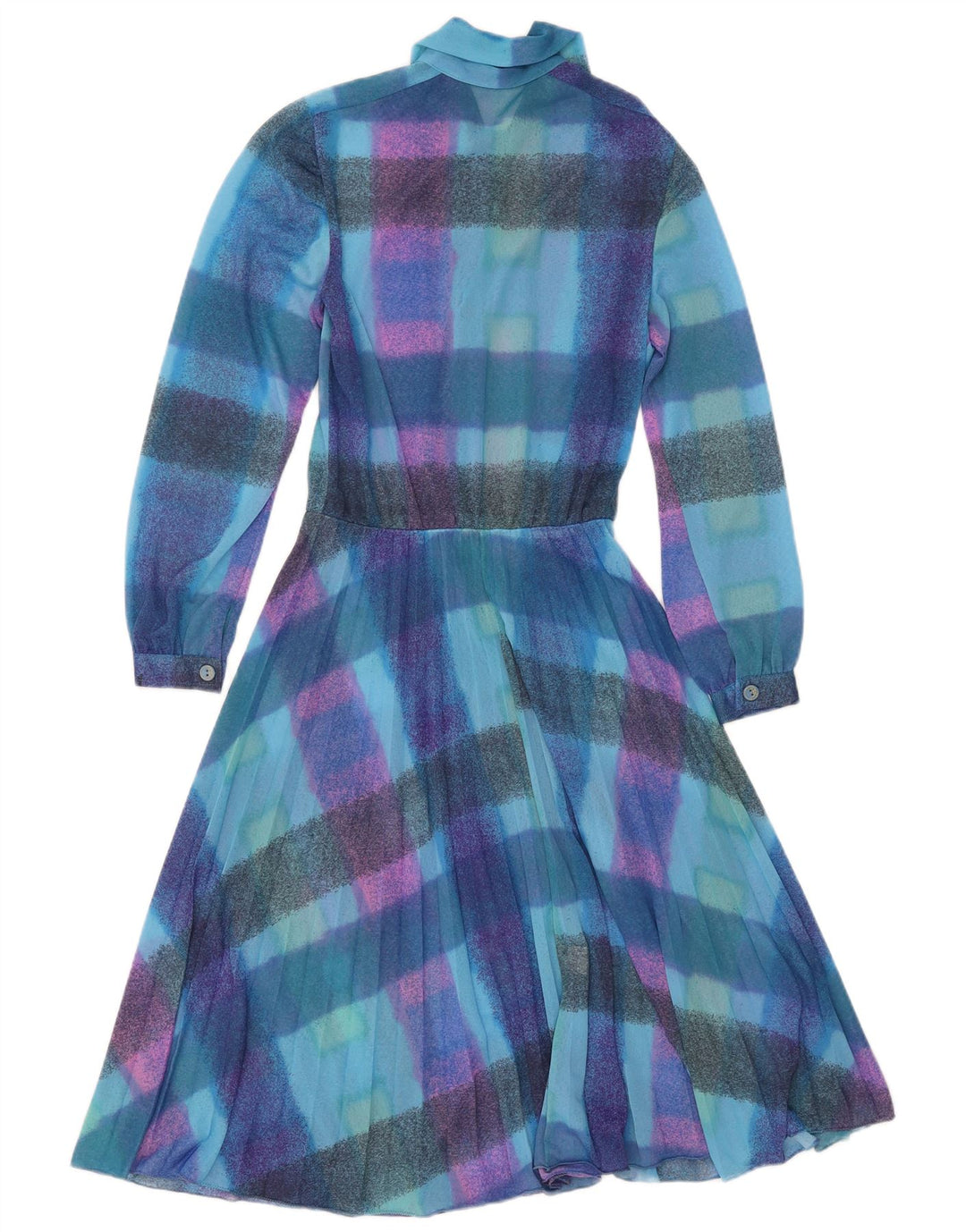 Abito vintage da donna a trapezio a maniche lunghe trasparente con piccoli quadri blu
