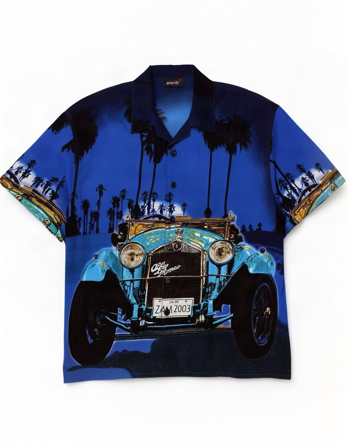 Camicia hawaiana a maniche corte vintage da uomo grande in poliestere blu