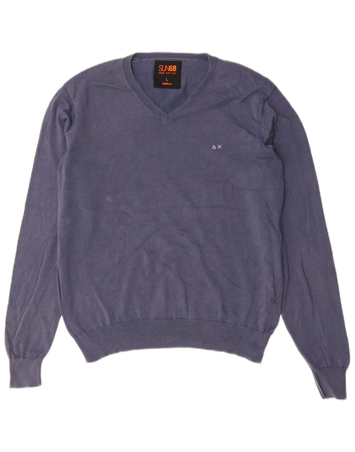Maglione maglione con scollo a V da uomo Sun68 grande cotone blu