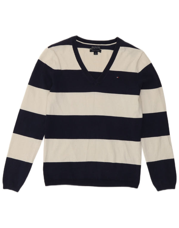 Maglione maglione con scollo a V da donna Tommy Hilfiger UK 12 medio blu navy a righe