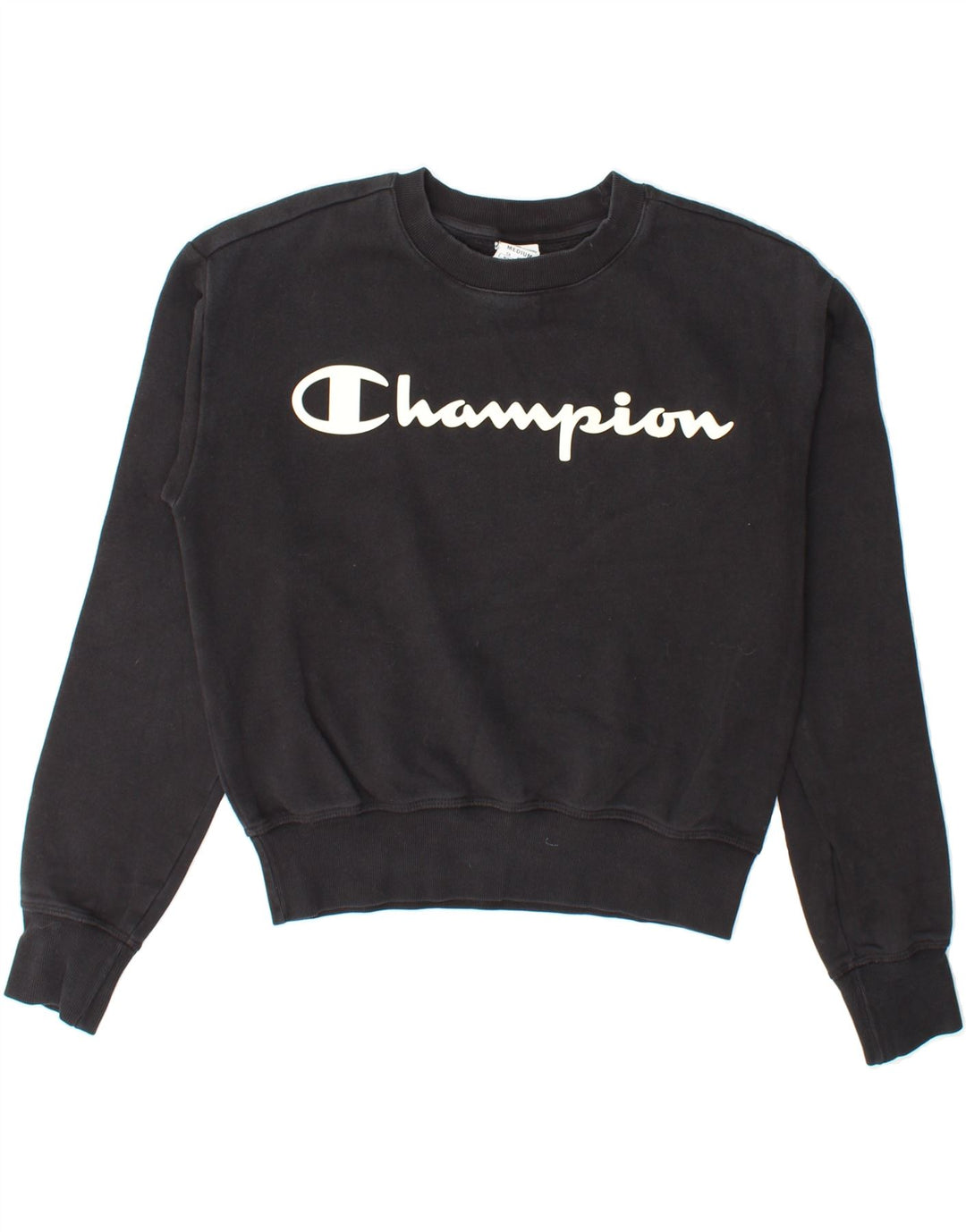 CHAMPION Womens Crop Graphic Sweatshirt Jumper UK 14 Medium Black Vintage Champion and Second-Hand Champion from Messina Hembry 