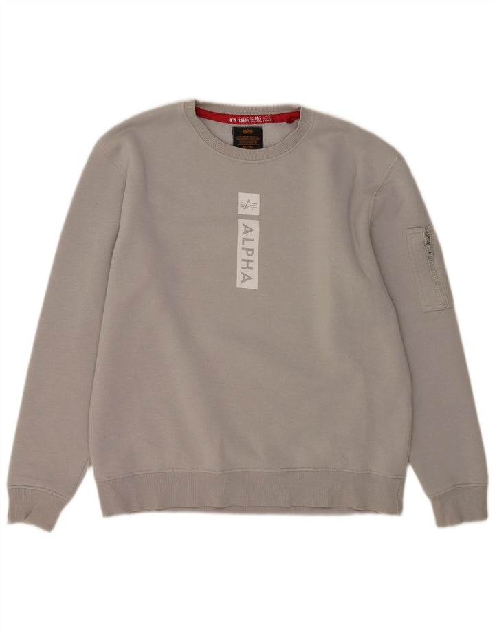 Felpa grafica da uomo Alpha Industries, maglione grande, cotone grigio
