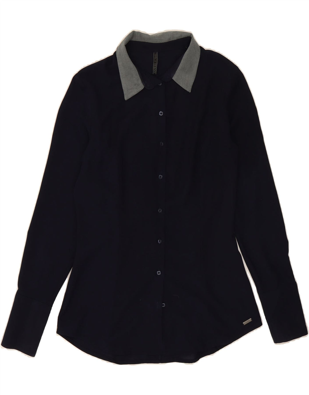 GUESS Womens Shirt UK 12 Medium Navy Blue Polyester Vintage Guess and Second-Hand Guess from Messina Hembry 