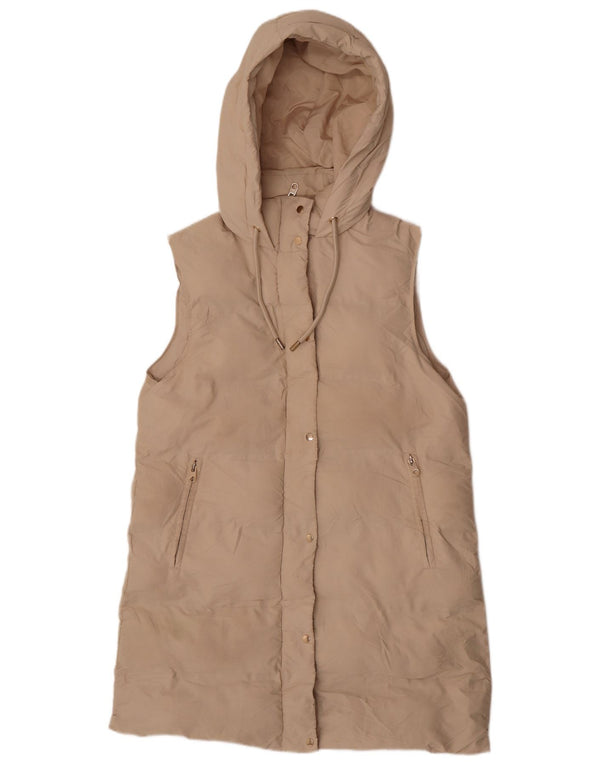 Gilet imbottito con cappuccio lungo da donna Zara UK 16 grande poliestere beige