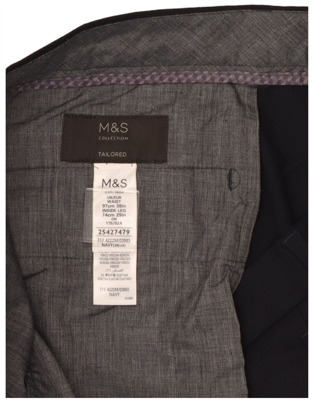 Pantaloni da abito dritti su misura da uomo Marks & Spencer W38 L29 Blu Navy