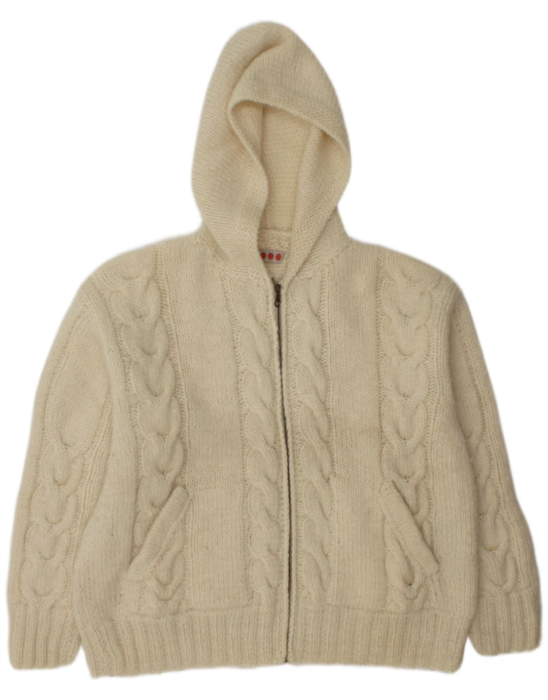 Maglione cardigan con cappuccio vintage da uomo grande in lana bianco sporco
