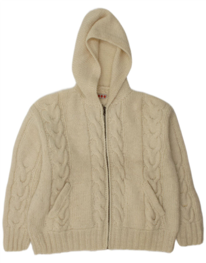 Maglione cardigan con cappuccio vintage da uomo grande in lana bianco sporco