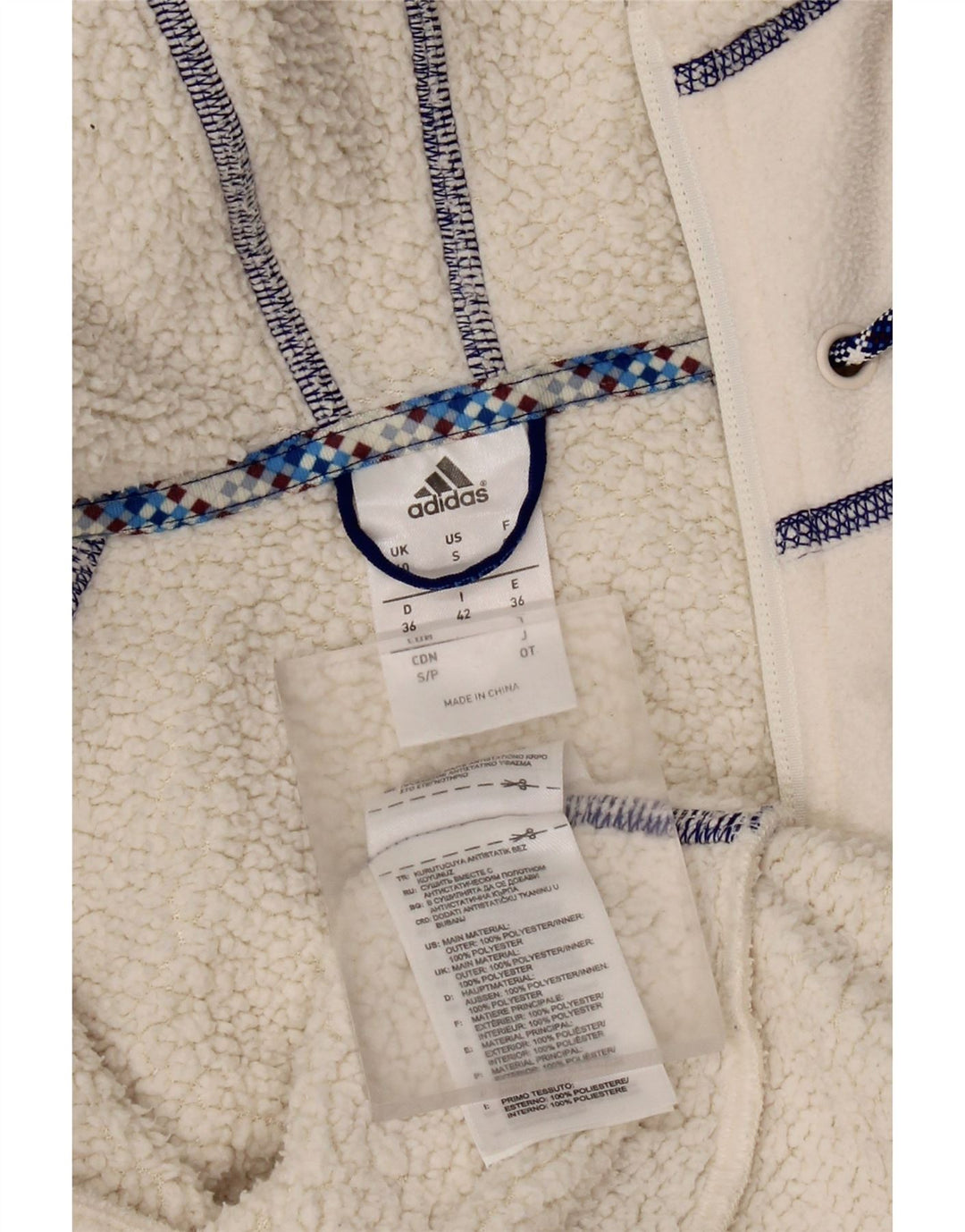 Giacca in pile con cappuccio da donna Adidas UK 10 Small Off White Poliestere