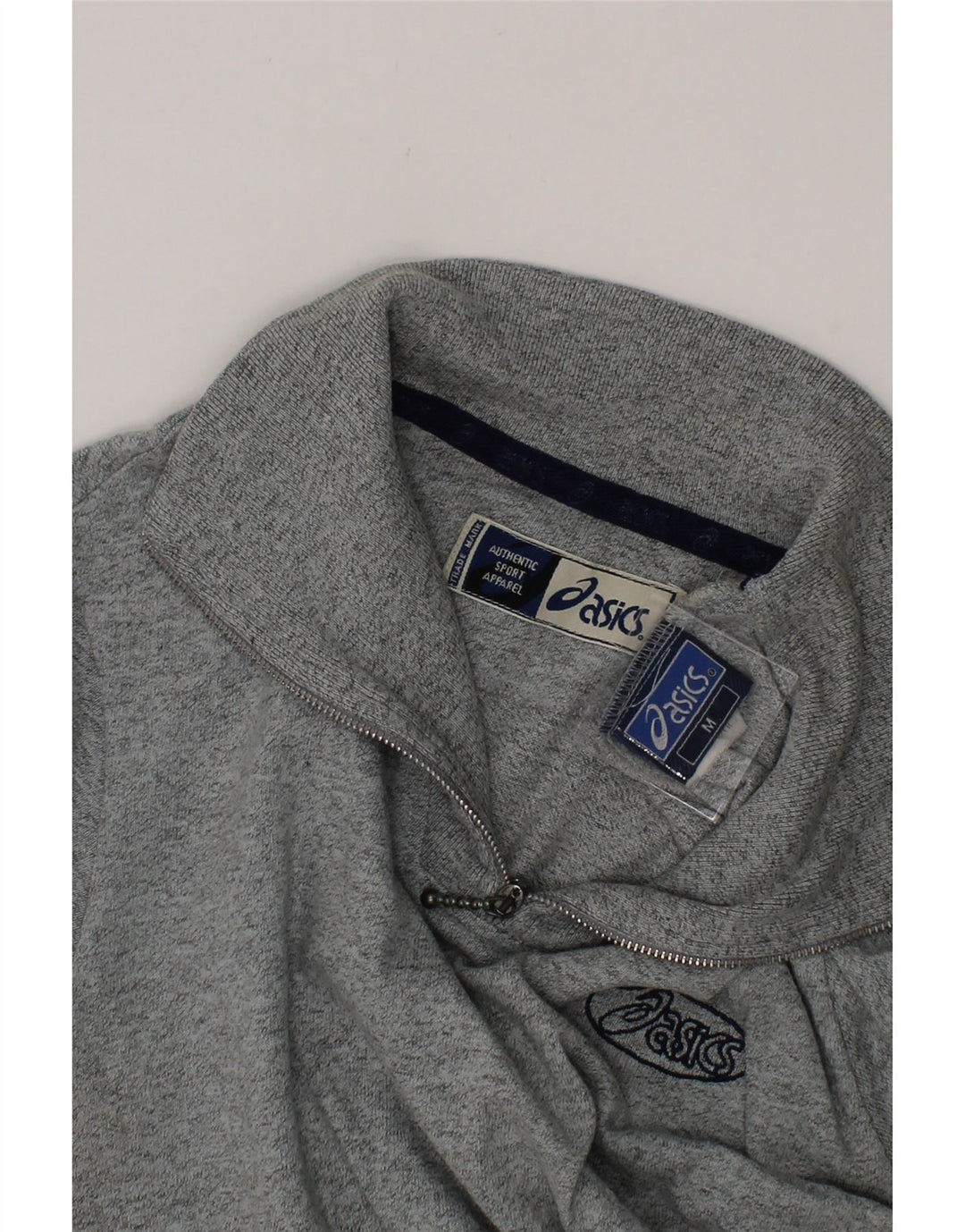 ASICS Womens Short Sleeve Zip Neck Jumper Sweater UK 12 Medium Grey Cotton Vintage Asics and Second-Hand Asics from Messina Hembry 