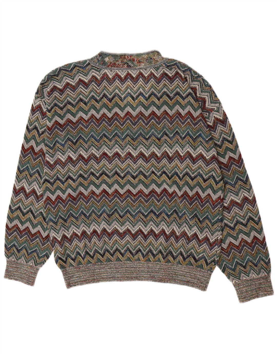 Maglione vintage da uomo con scollo a V grande acrilico Chevron multicolore