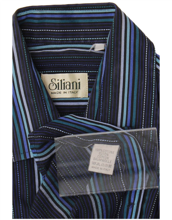 Camicia da uomo vintage in cotone a righe medie blu navy