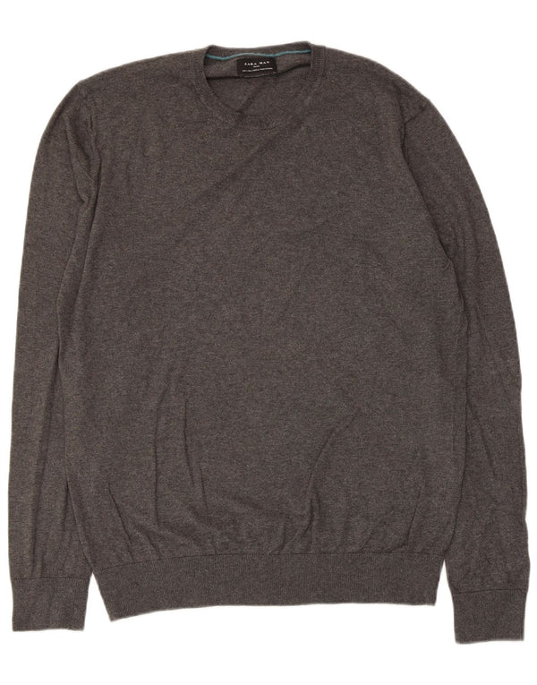 Maglione maglione girocollo da uomo Zara grande in cotone grigio