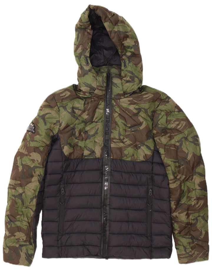 Giacca imbottita con cappuccio da uomo Superdry UK 38 Poliestere mimetico verde medio