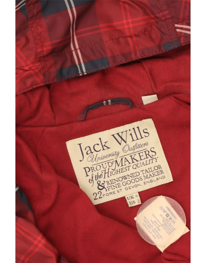 JACK WILLS Giacca antipioggia oversize da donna con cappuccio UK 6 XS Poliestere a quadri rossi
