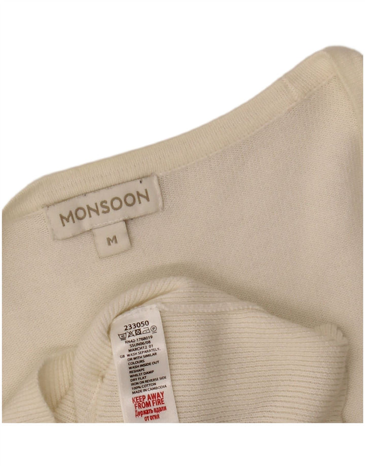 MONSOON Maglione cardigan con maniche a 3/4 da donna UK 12 Cotone bianco medio