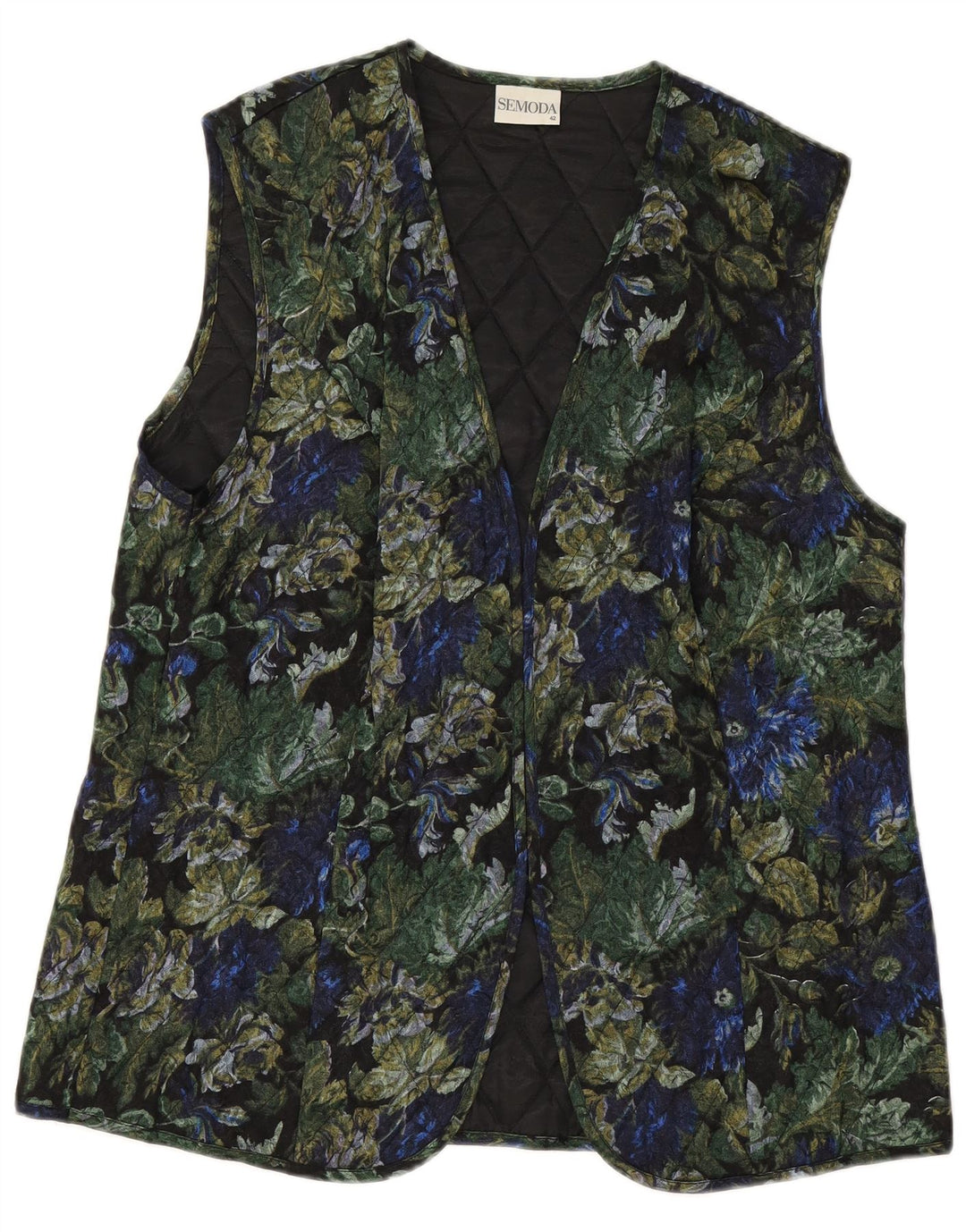 Gilet trapuntato aperto da donna VINTAGE EU 42 grande viscosa floreale nera