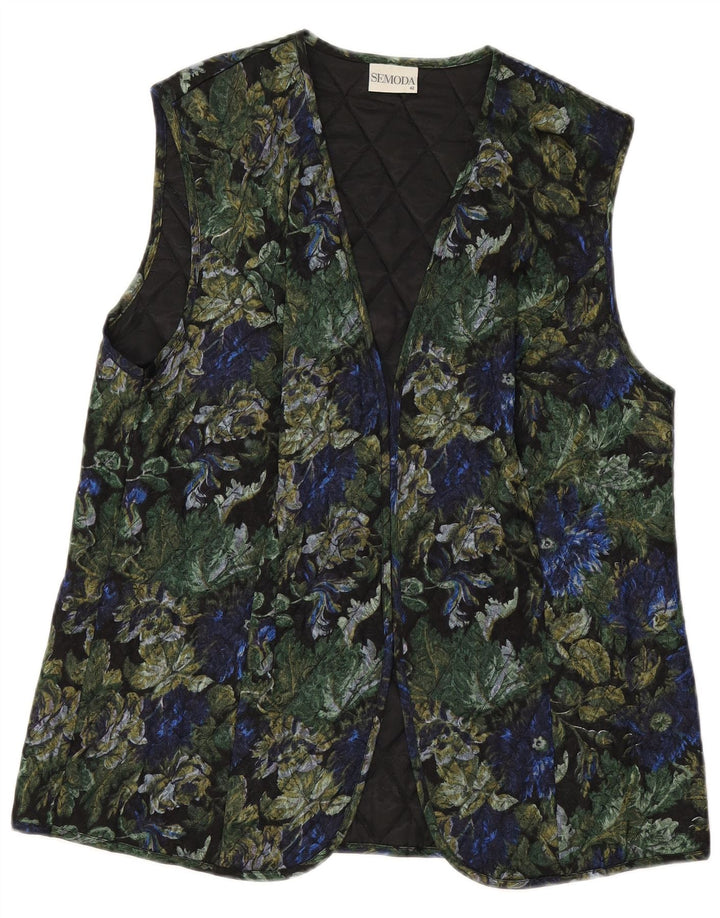 Gilet trapuntato aperto da donna VINTAGE EU 42 grande viscosa floreale nera