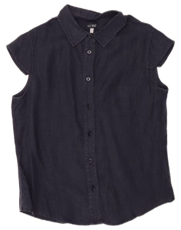 ARMANI JEANS Camicia a maniche corte da donna UK 14 Lino blu navy medio