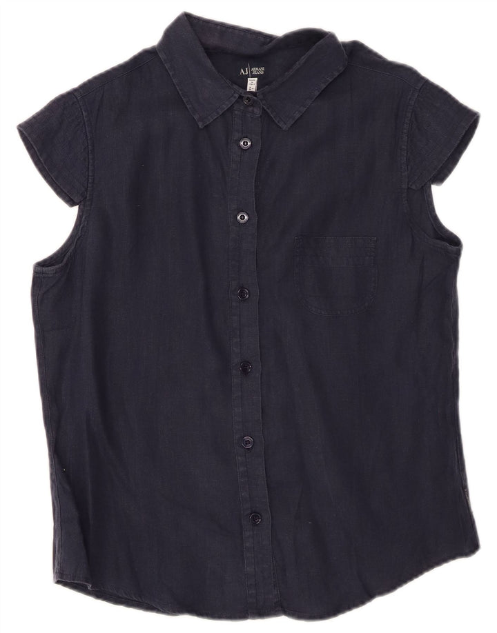 ARMANI JEANS Camicia a maniche corte da donna UK 14 Lino blu navy medio