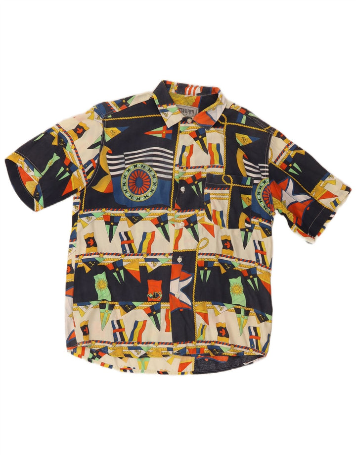 Camicia a maniche corte vintage da uomo con motivo astratto piccolo multicolore