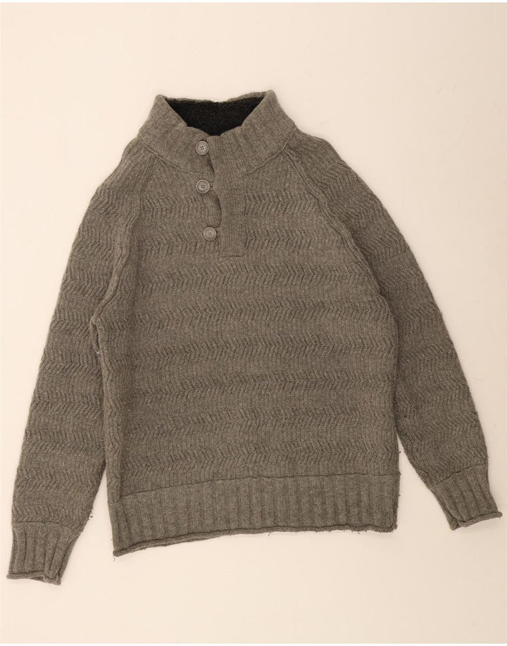 FAT FACE Maglione da uomo con collo a bottoni 2XL Lana a spina di pesce grigia