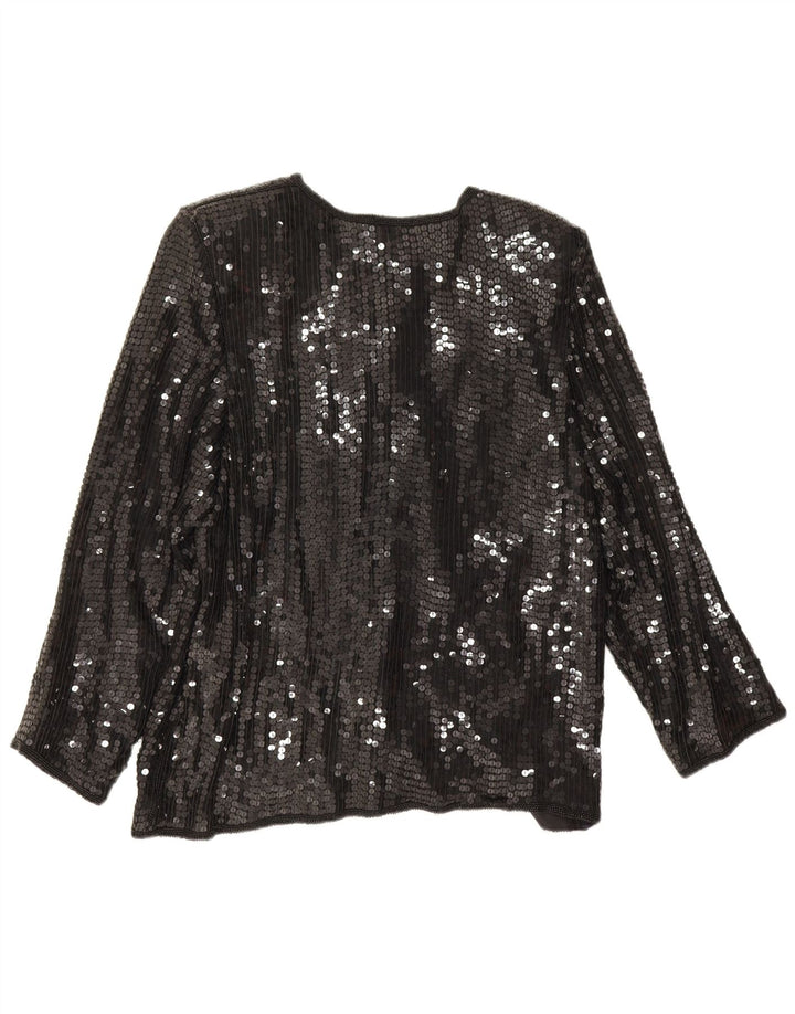 Camicetta camicia vintage con paillettes da donna UK 14 seta nera media