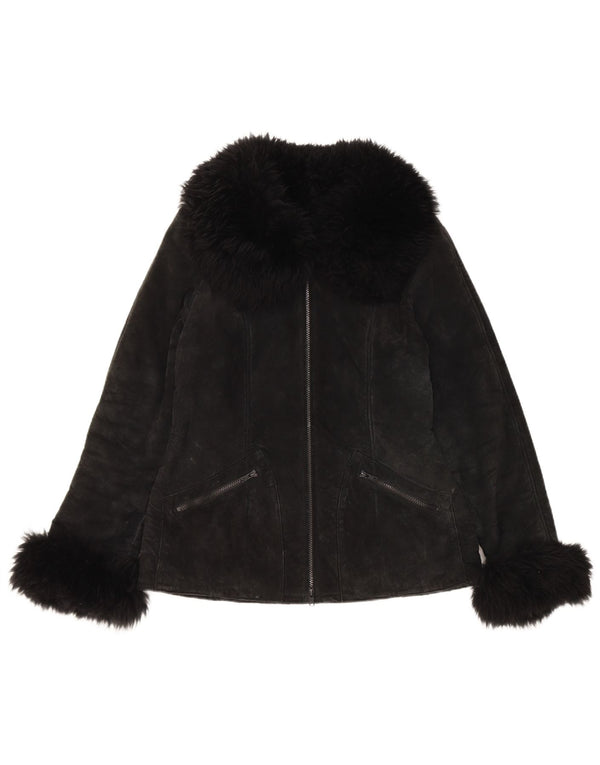 Giacca vintage in pelle scamosciata Sherpa da donna UK 10 piccola in pelle nera