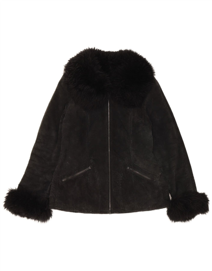 Giacca vintage in pelle scamosciata Sherpa da donna UK 10 piccola in pelle nera