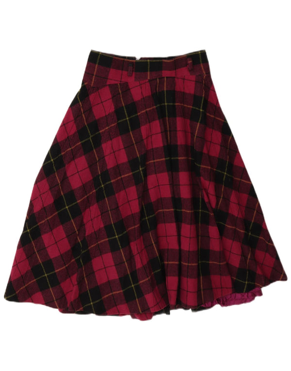 Gonna svasata a vita alta da donna vintage W26 piccola in viscosa scozzese bordeaux