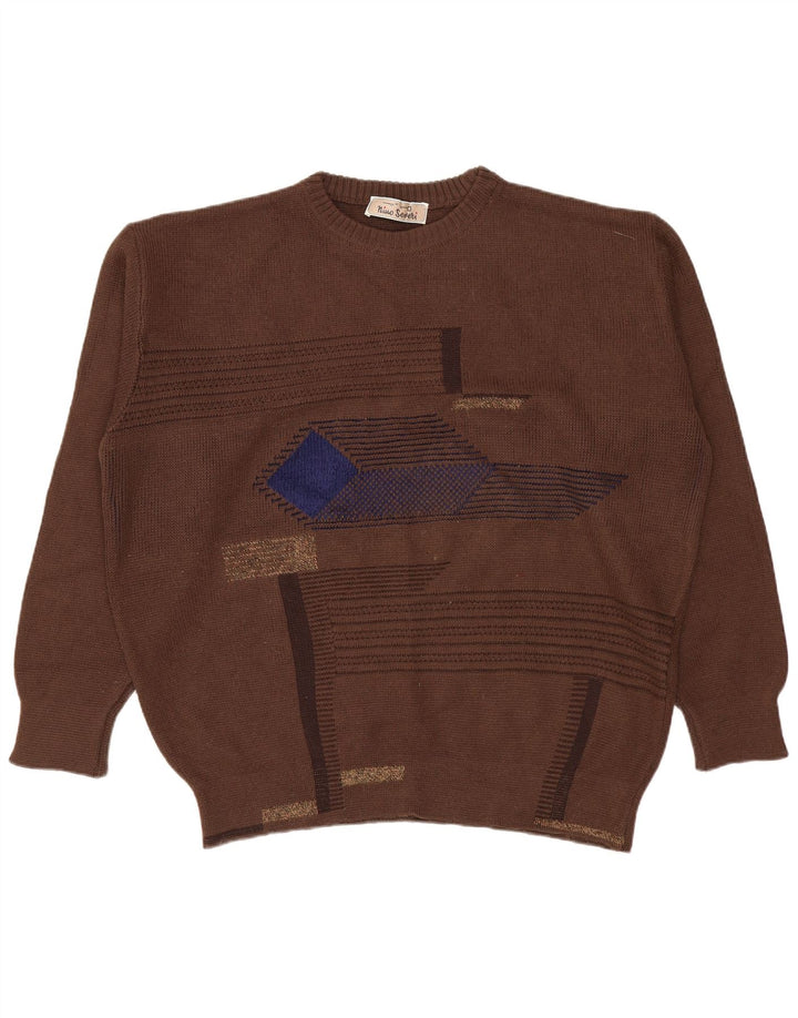 Maglione maglione girocollo da uomo vintage grande marrone geometrico
