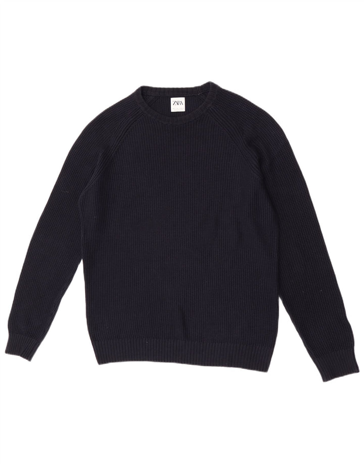 Maglione maglione girocollo da uomo Zara grande in cotone blu navy