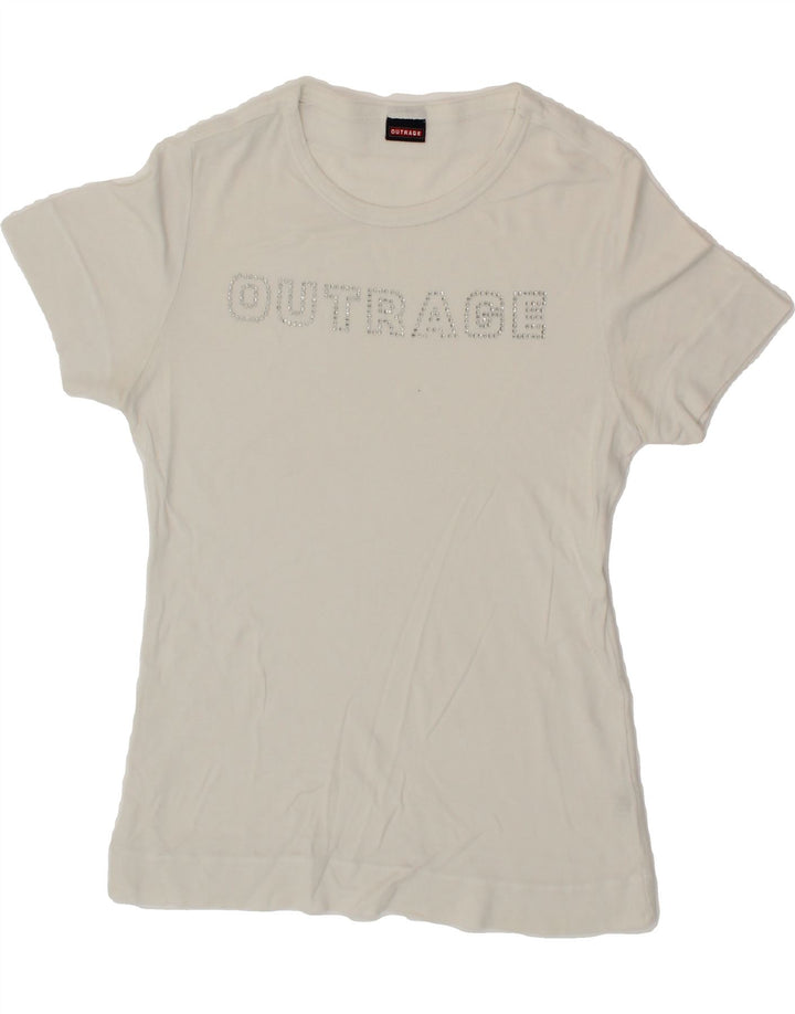 OUTRAGE Womens Graphic T-Shirt Top IT 44 Medium White Vintage Outrage and Second-Hand Outrage from Messina Hembry 