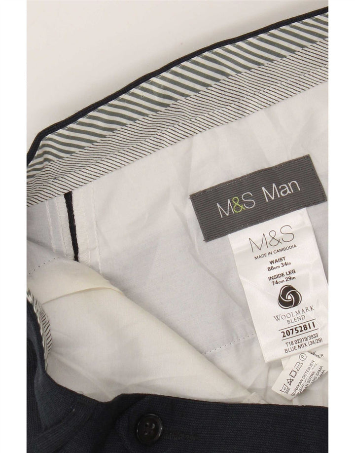 Pantaloni da abito dritti da uomo Marks & Spencer W34 L29 Lana blu navy