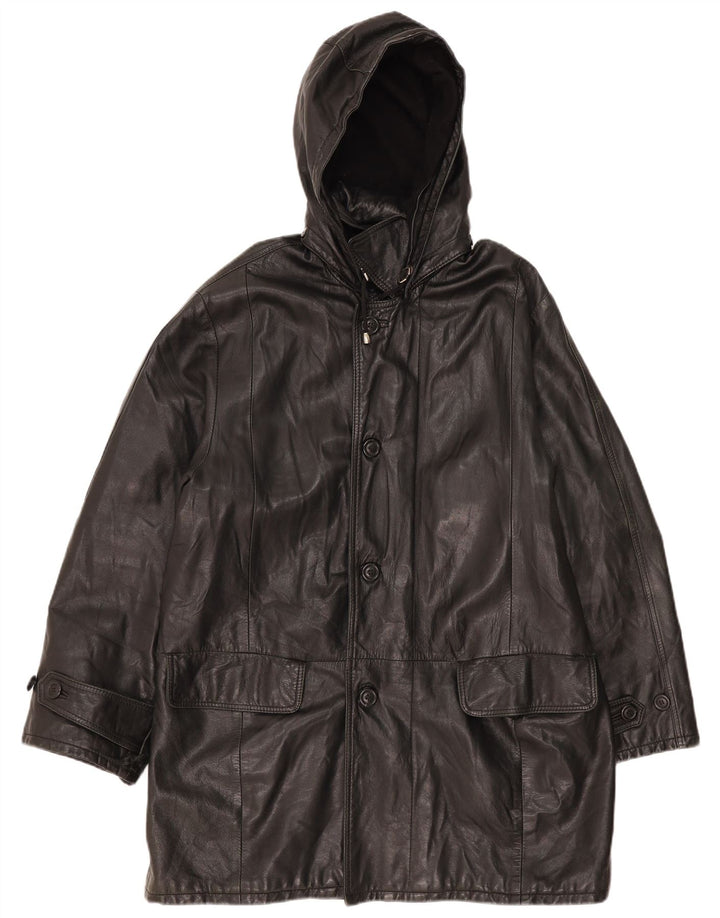 Cappotto in pelle con cappuccio vintage da uomo IT 52 XL Nero Pelle