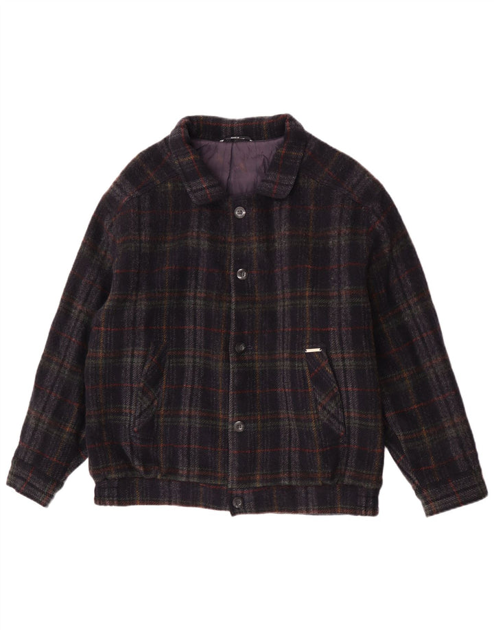 Giubbotto bomber vintage da uomo UK 36 piccolo blu navy a quadri in lana nuova