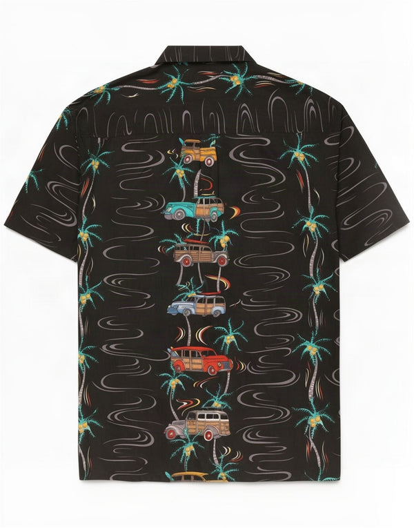 Camicia a maniche corte con motivo astratto vintage da uomo XL auto in poliestere nero