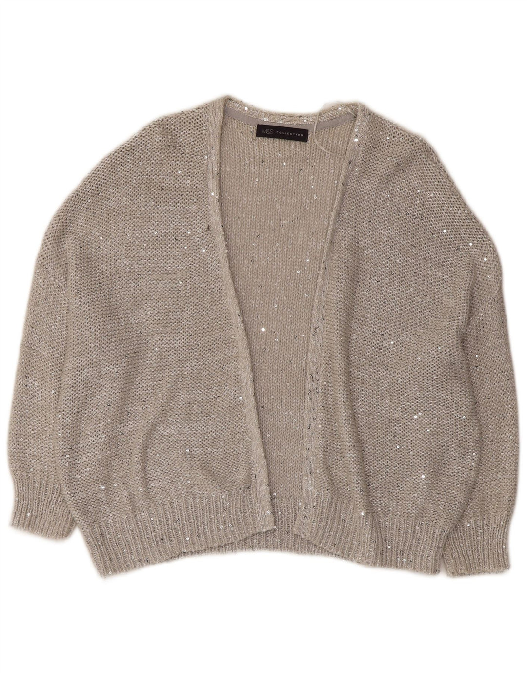 MARKS & SPENCER Maglione cardigan aperto con maniche a 3/4 da donna UK 14 Large Grigio