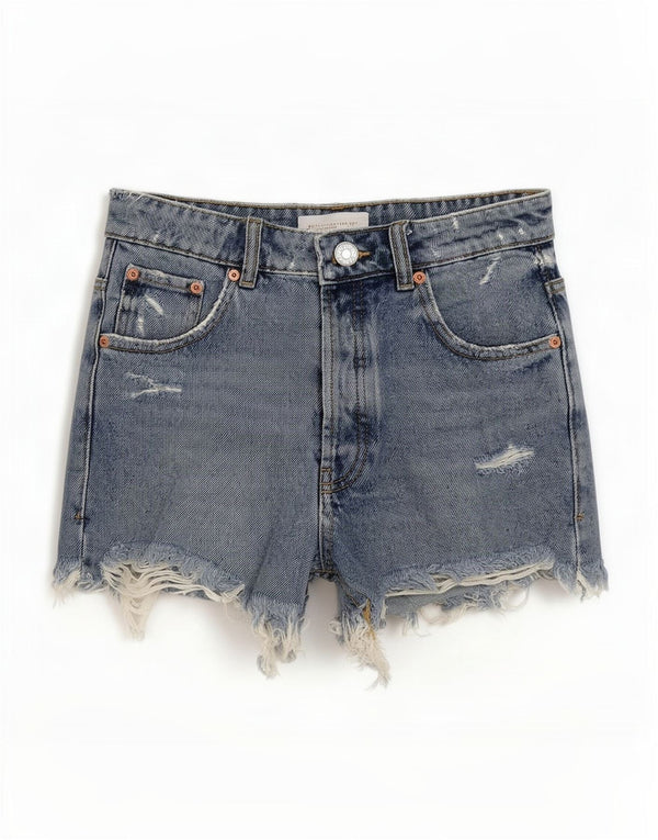 Pantaloncini in denim invecchiato da donna Zara EU 34 2XS W24 cotone blu