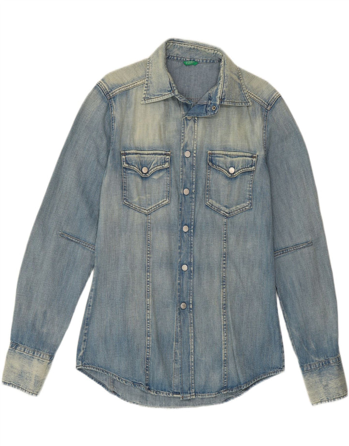 Camicia di jeans da uomo BENETTON lavaggio acido in cotone blu medio