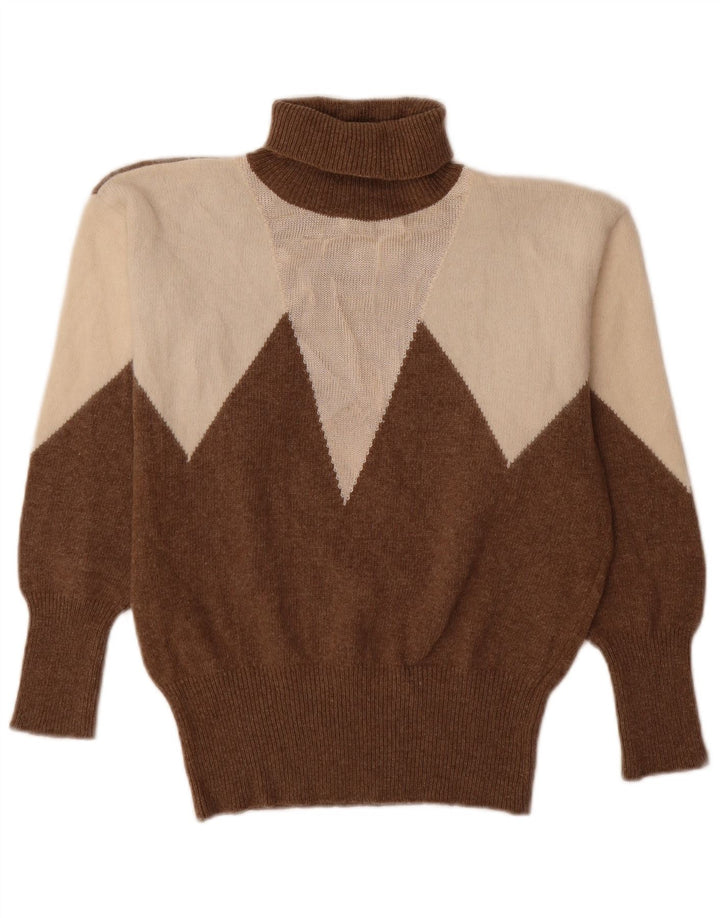 Maglione maglione vintage da donna con collo alto UK 14 Lana color block marrone medio