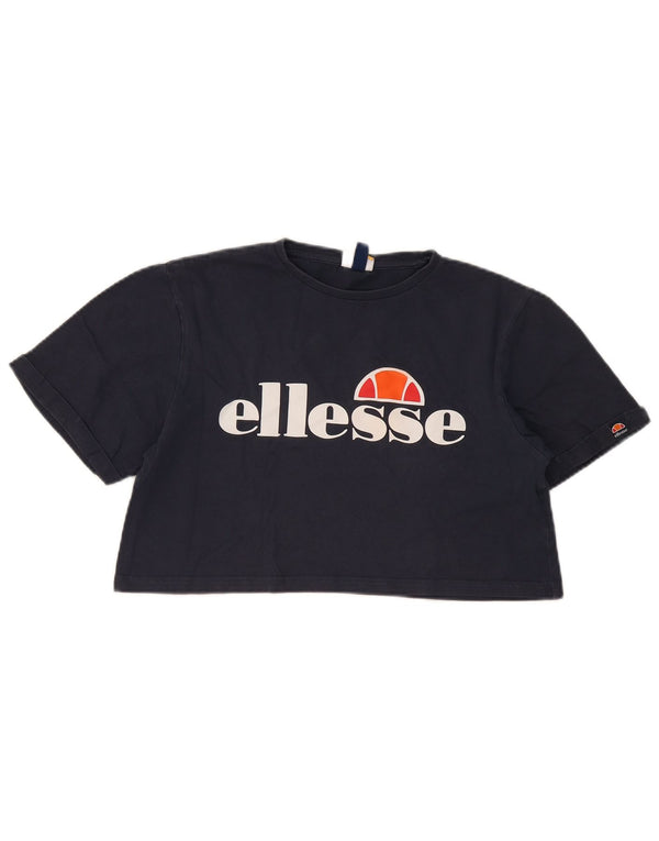 ELLESSE T-shirt grafica da donna corta Top UK 12 medio cotone blu navy