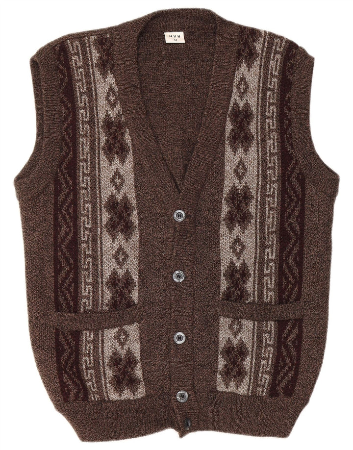 Maglione cardigan senza maniche da uomo VINTAGE marrone medio Fair Isle