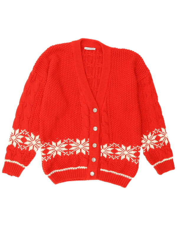Maglione cardigan con fiocchi di neve vintage da donna UK 14 grande rosso Fair Isle retrò