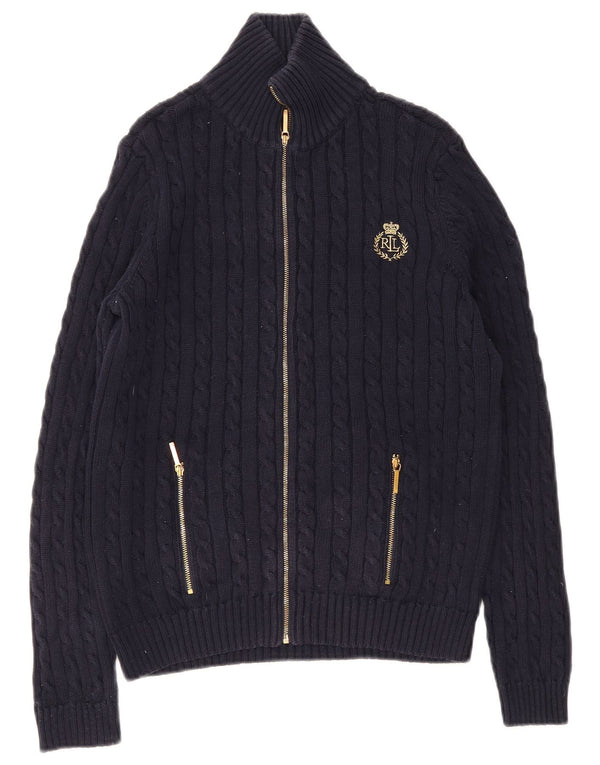 Maglione cardigan con zip intera da donna Ralph Lauren UK 10 piccolo cotone blu navy