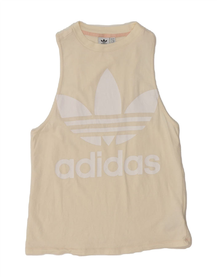 ADIDAS Womens Graphic Vest Top UK 10 Small Off White Cotton Vintage Adidas and Second-Hand Adidas from Messina Hembry 