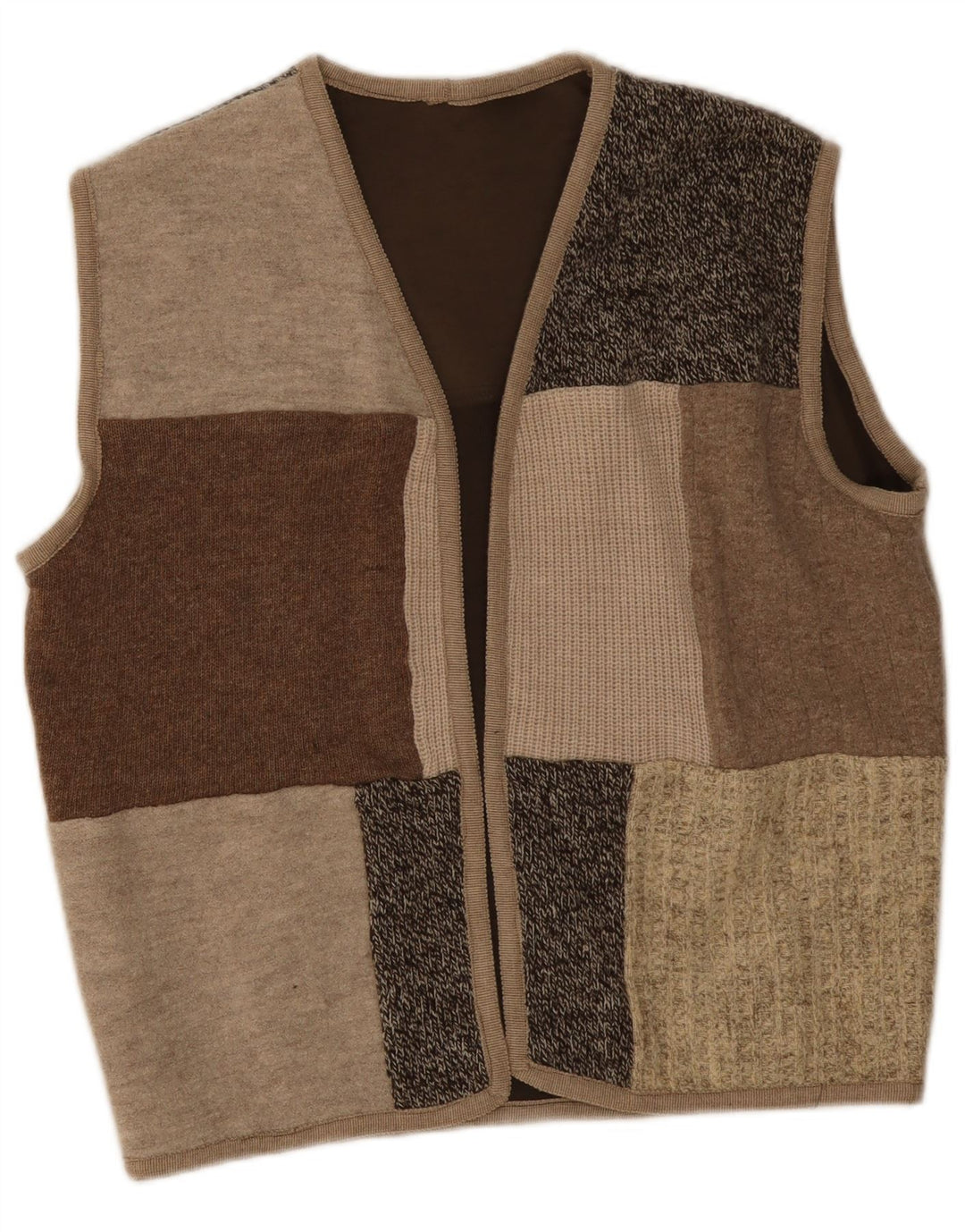 Maglione cardigan aperto senza maniche da donna vintage UK 16 grande patchwork beige