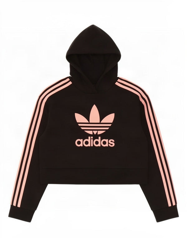 Adidas Girls Crop Graphic Hoodie Jumper 9-10 Years Black Cotton
