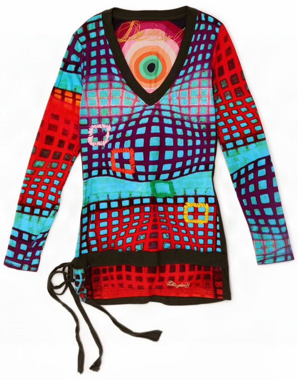 Desigual Donna Graphic Top manica lunga UK 4 XS Multicolore Geometric