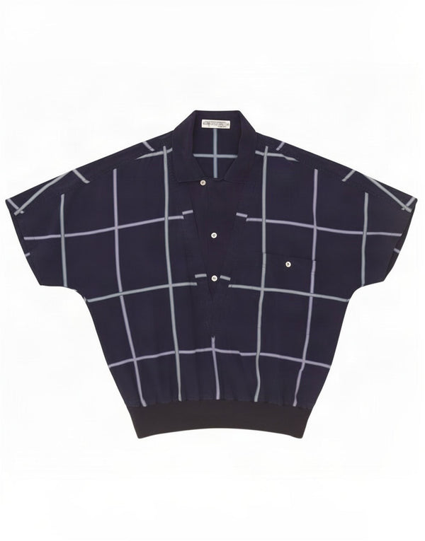 Camicia pullover a maniche corte da uomo vintage taglia 38 medio blu navy a quadri